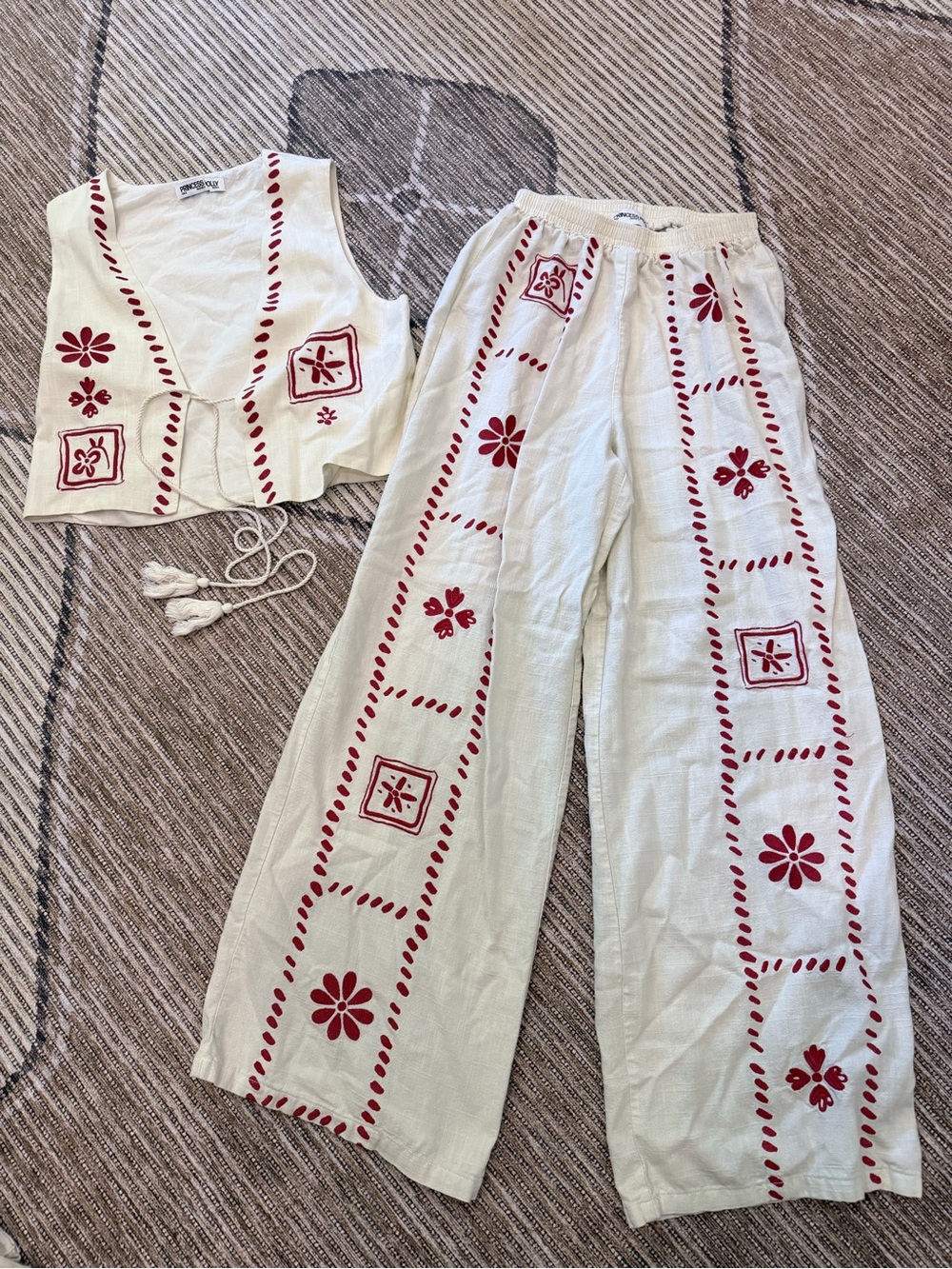 Princess Polly White Wide-Leg Pants & Crop Vest Set with Red Embroidery